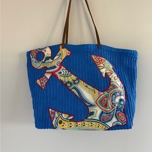 Vera Bradley Anchor Patch Leather Strap Beach Tote Nautical Woven Straw Pool Bag